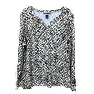 Karen Scott Womens Top Size XL Long Sleeve Knit Shirt Gold Button Tribal Brown